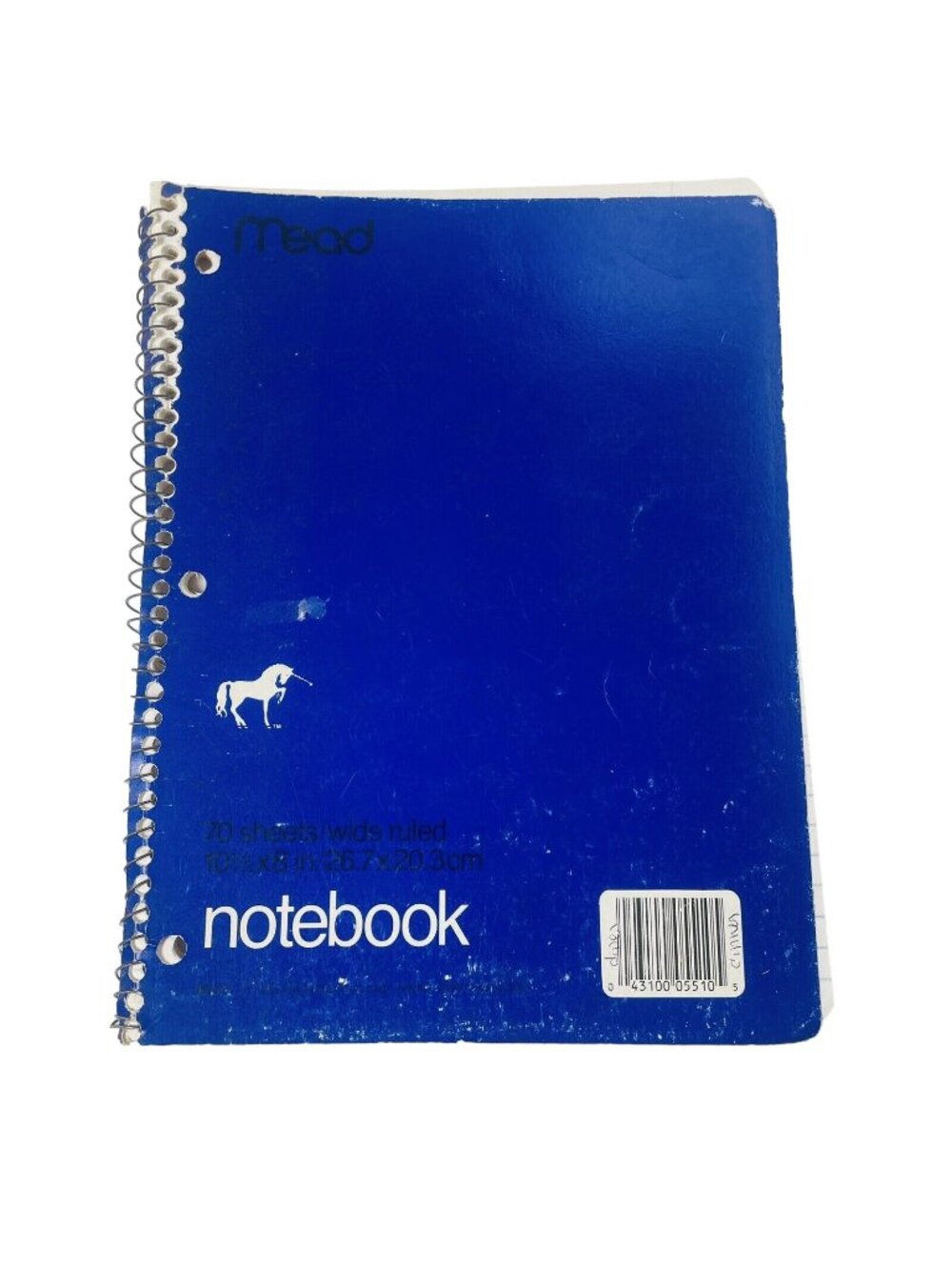 Mead Unicorn Vintage Very Worn Blue Spiral Paper Notebook Wide Ruled